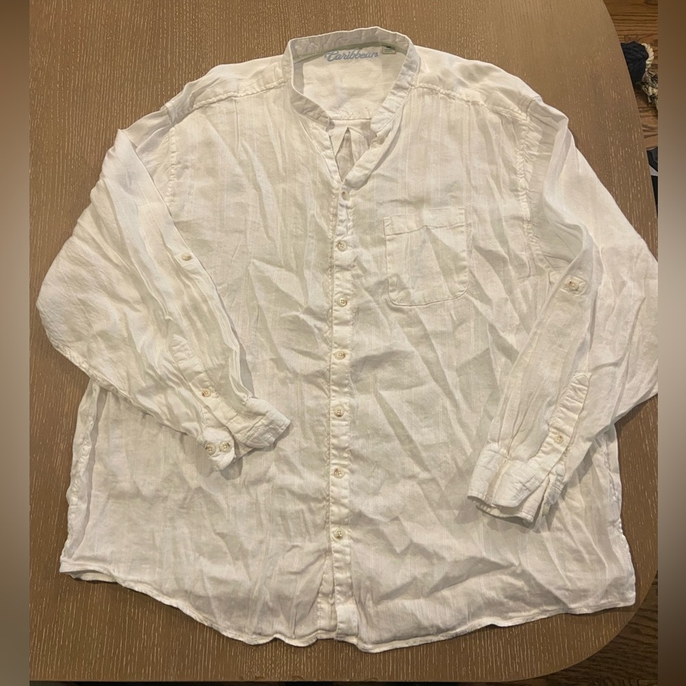 Caribbean Shirt Mens 3XB White Linen Blend Button Front Long Sleeve Beach Wear